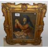 18C gilt frame set with a watercolour of Madonna and child