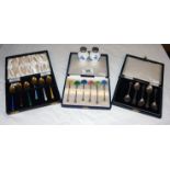 Set of boxed Danish silver & enamel spoons, 2 further boxed sets of spoons and salt & pepper pots