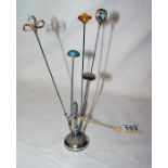 Silver hat pin stand and hat pins to include 2 15ct gold