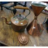 Copper kettle, funnel and jelly mould