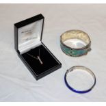 2 bangles - 1 Silver & enamel and white metal turquoise & gold diamond pendant on chain