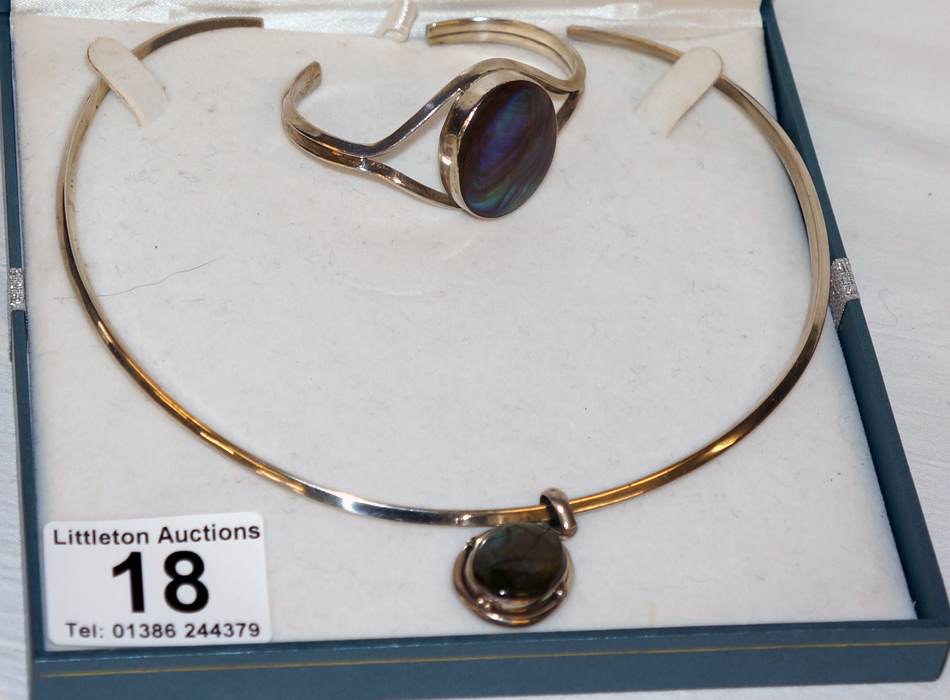 Silver and abalone set bangle together with silver collar and pendant