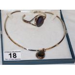 Silver and abalone set bangle together with silver collar and pendant