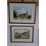 2 watercolours by Barbara Butcher - Church & Village Square