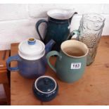 Collection of Denby and glass jugs etc