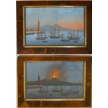 Pair of early watercolours - Day & night scenes of Mount Vesuvius in the Bay of Naples, Italian