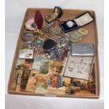 Tray of collectables to include jewellery, old post cards, watches etc