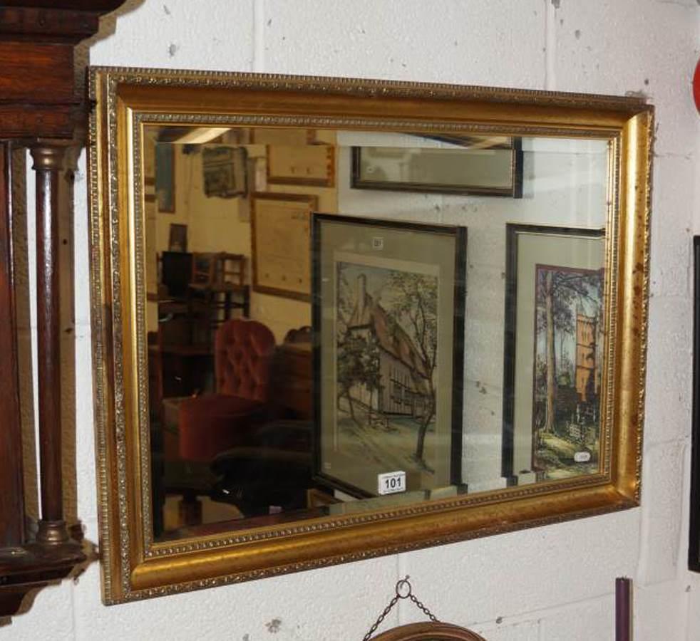 2 gilt framed and bevelled glass wall mirrors