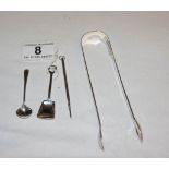 Silver sugar tongs, silver salt spoon, silver pencil and sugar shovel - approx 54g