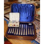 Canteen of cutlery in oak case with boxed set of silver and enamel spoons