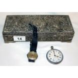 White metal jewellery box with 2 watches