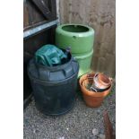 2 plastic water butts, flower pots etc