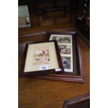 Old framed postcards of dogs & small water colour of hunting scene