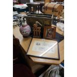 Collectables to include old print, brass magazine rack, table lamp and pipe rack