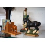 Metal horse and duck figure and pair of carved elephant book ends