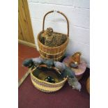 Wicker baskets and animal figures etc