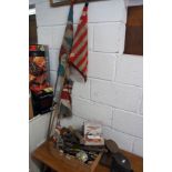 Shoe lasts, box of metalwork and flags