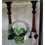 Glass basket, pair of metal candlesticks and small china bust of lady