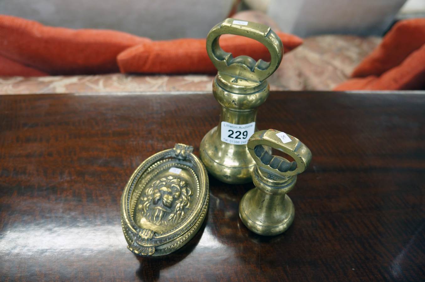 2 brass weights and door knocker