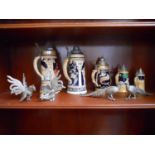 Collection of steins, 2 metal fighting cockerels and 2 metal pheasants