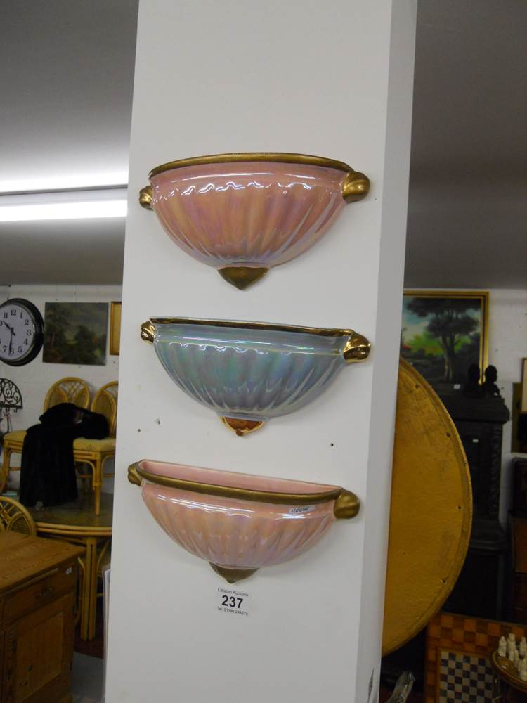 Two Sadler Ascot Pattern Lustrous Art Deco Ceramic Wall Pocket Vases