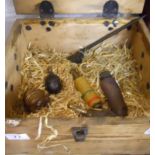 Wooden box of training hand grenades and bayonet