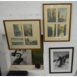 Framed Venetian postcards and skiing photograph