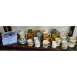 Collection of tankards and Wedgwood plates (whole shelf)
