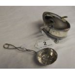 Silver mustard pot and silver straining spoon