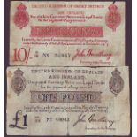 One pound Bradbury T11 and 10 shilling T12 badly executed contemporary forgeries, both with tears,