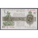 Treasury 10 shillings Warren Fisher T30 issued 1922 series O/21 314968, stamped bank number on