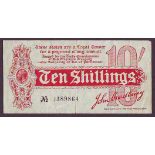 Ten shillings Bradbury T9 issued 1914 series A/6 3898646, 1cm tear bottom centre & missing tip of