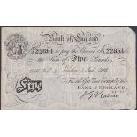 Five pounds Nairne white B208b dated 4th January 1916 series 80/D 22861, ink marks & numbers on