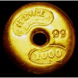 China Gold Tael undated 37.44 grammes with central hole 1000 within oval border below hole,