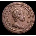 Farthing 1719 as Peck 807 Large Letters on obverse with R of GEORGIVS overstruck, appears to be over