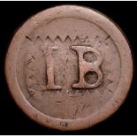Penny 1797 countermarked IB on the obverse, host coin Poor, countermark Near Fine