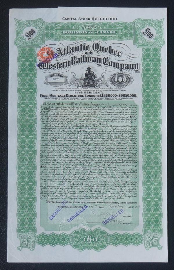 Canada, Atlantic, Quebec & Western Railway Co. 1905 Bonds for £100, green & black, with coupons,