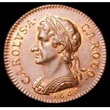 Farthing 1665 Copper Pattern Bust with short hair Obverse 1a, Reverse A, Peck 412, UNC with traces