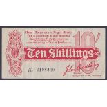 Ten shillings Bradbury T9 issued 1914 series A/20 198340, watermark shows the letters "GE" of the