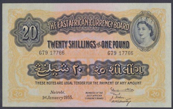 East African Currency Board 20 shillings dated 1st January 1955, series G79 17766, QE2 portrait at