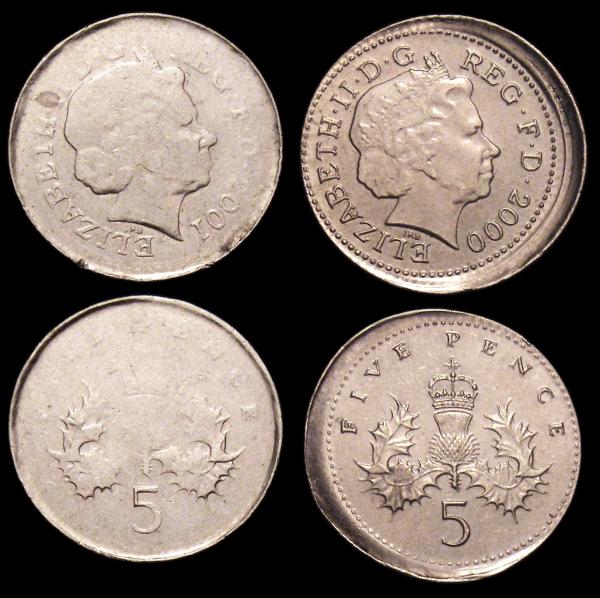 Mint Error - Mis-Strikes Decimal Five Pences (3) 2000 struck off-centre with around 1.75mm blank