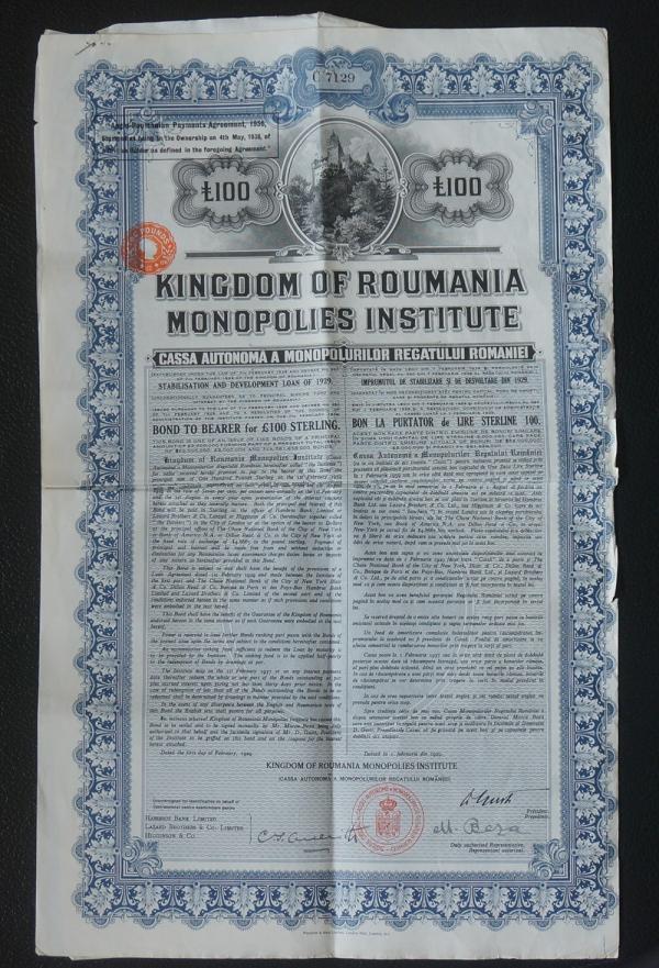 Roumania, Kingdom of Roumania Monopolies Institute  Stabilisation and Development Loan 1929, £100