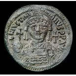 Follis Ae. Justinian I. C, 527-565 AD.  Constantinople mint, 1st officina. Dated RY 13.  Obv;