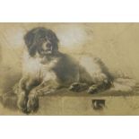 Manner of Landseer, A hound recumbent on a ledge, indistinctly signed and dated lower right.  Pencil