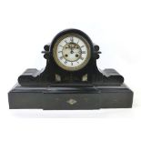 A late 19th Century black slate and marble inlaid mantle clock, white enamel dial with exposed