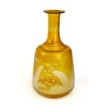 A Bohemian style mallet form decanter, yellow cut through to clear glass with fronds of leaves. h.