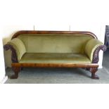 William IV mahogany scroll arm sofa, circa 1830, with stylized floral carving to the arms raised