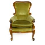 Victorian walnut framed gentleman's chair,button back, serpentine seat and scrolling legs