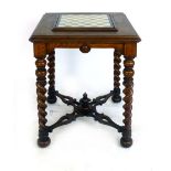 Oak games table with central onyx and hard stone inlaid chequers board raised on a parquet style