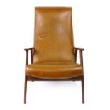 A 1970's teak and tan vinyl highback lounge armchair CONDITION REPORT: Two rips to vinyl,